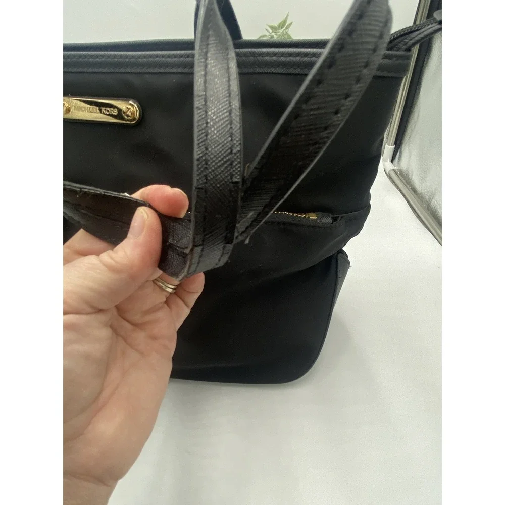 Michael Kors Kempton Medium Pocket Tote‎ Bag black leather nylon zip gold
